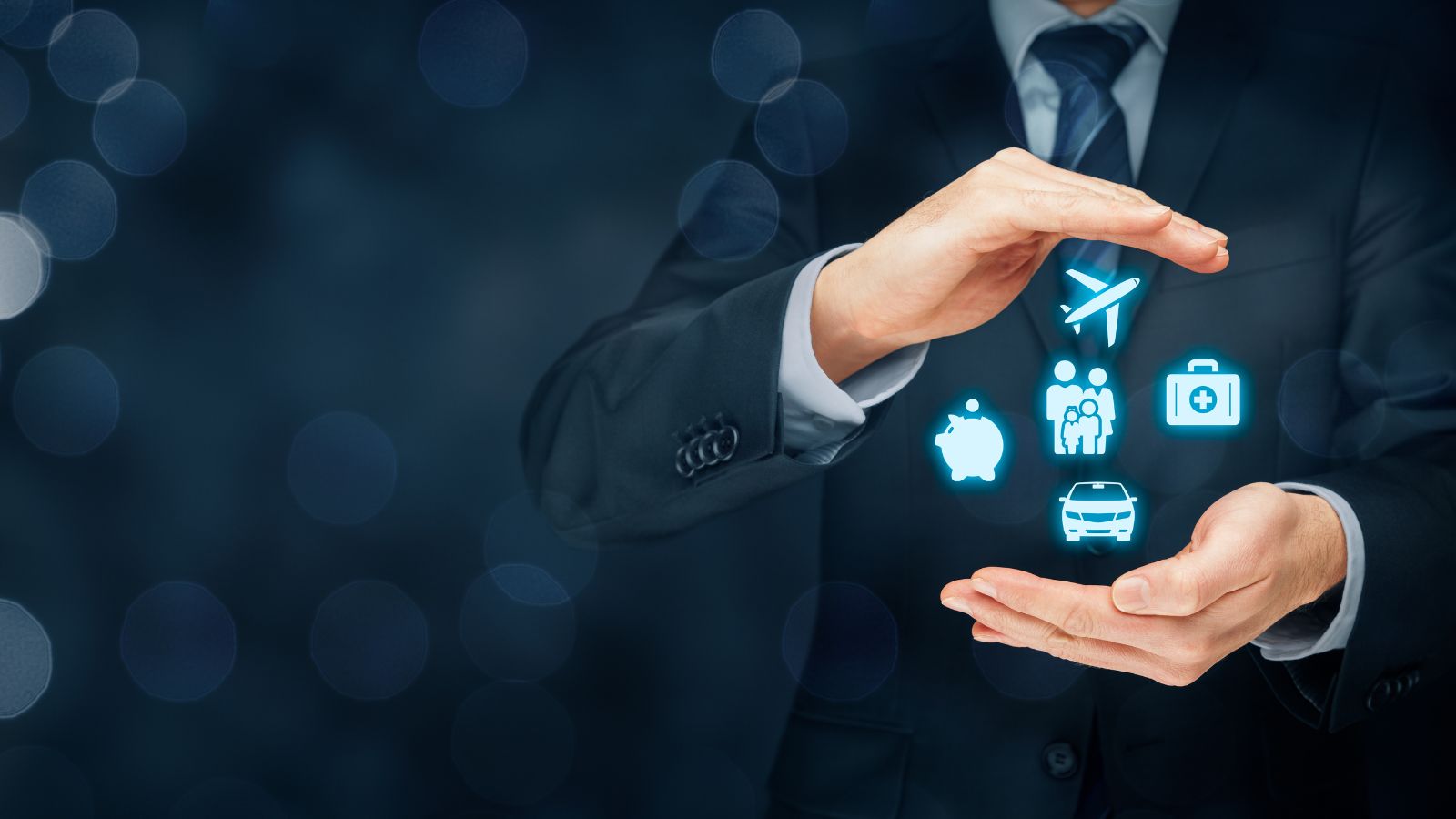 A man representing all the Insurance sectors by digital technology.