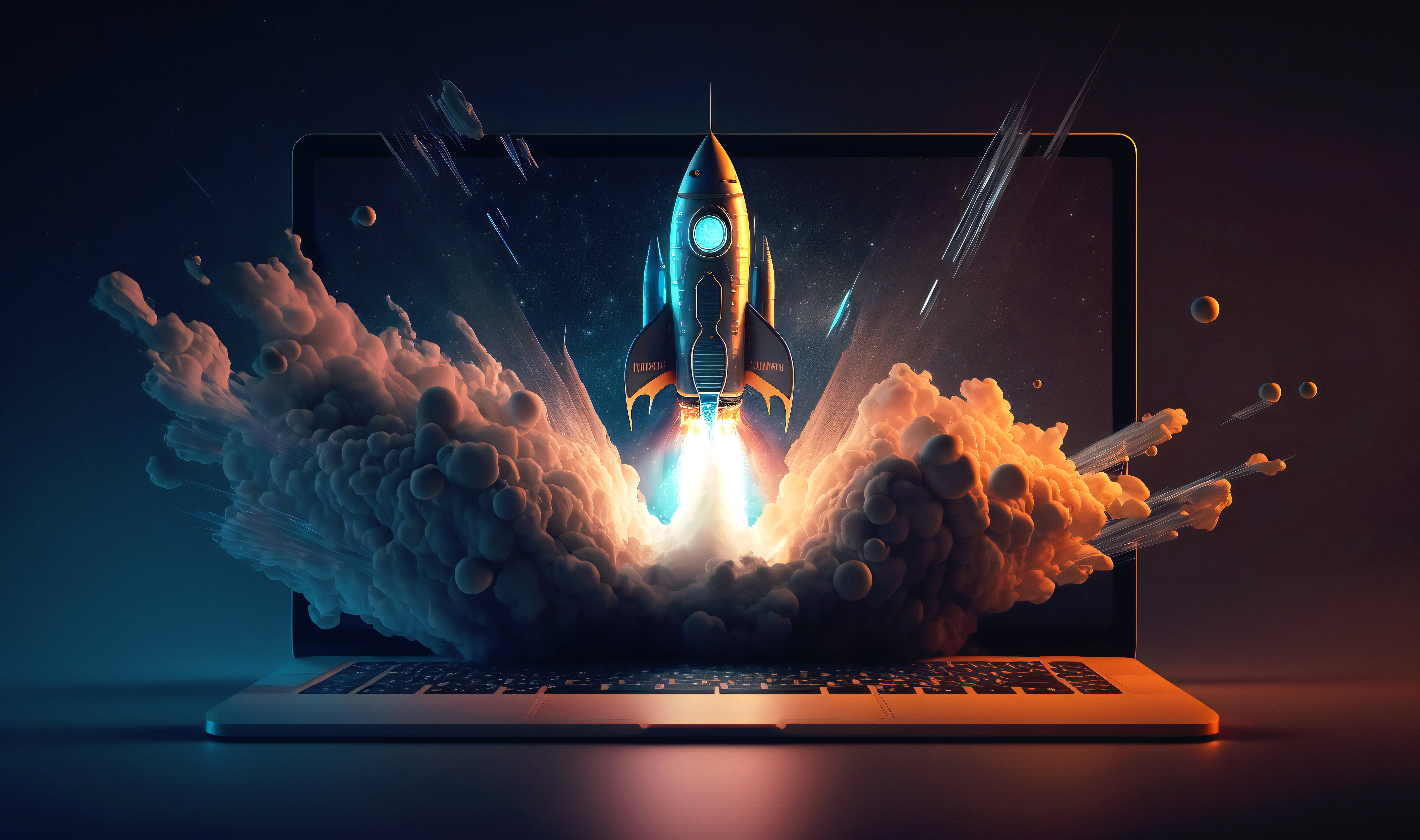 Startup Rocket coming out of Macbook screen. 